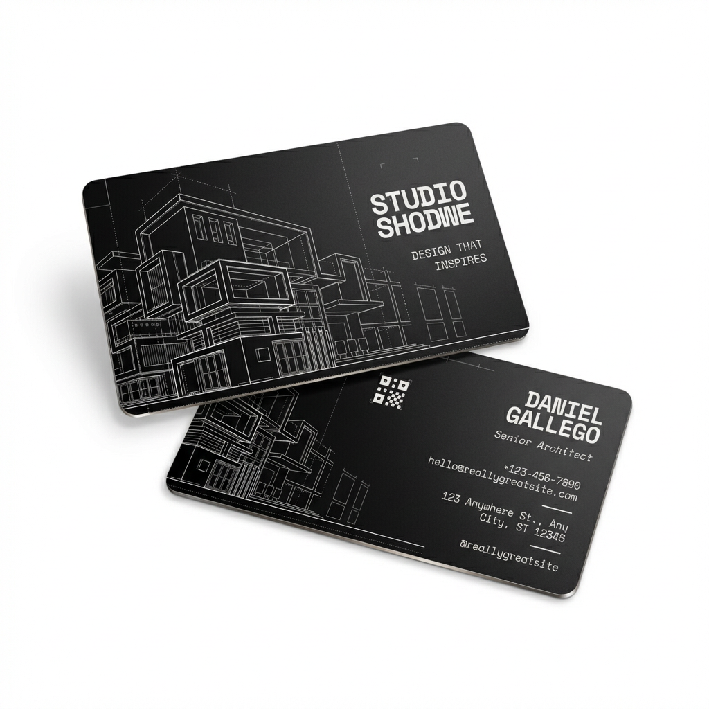 Front and back of matte black laser-engraved metal business card